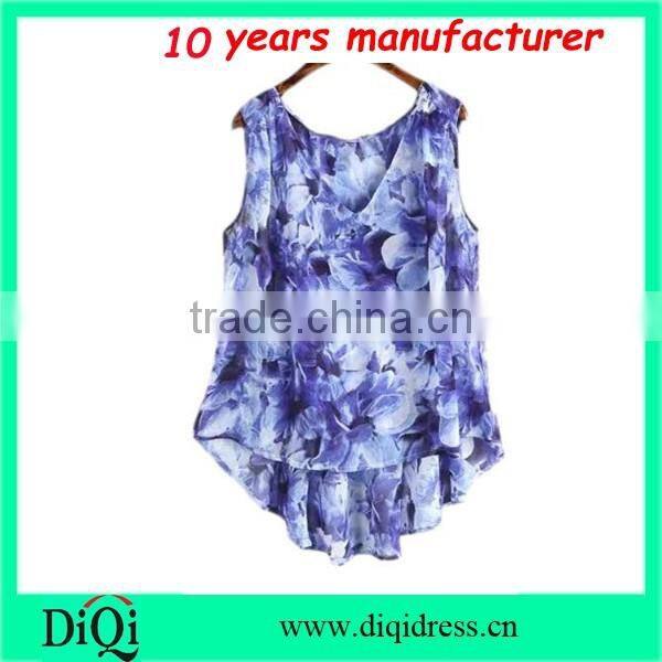 Blue Sleeveless Dip Hem Chiffon Floral Print Blouse