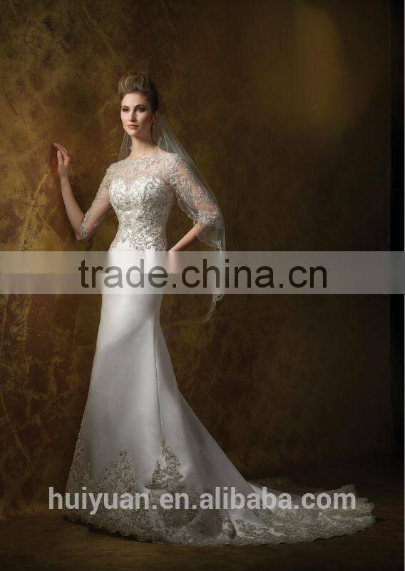 sexy satin lace baeded long sleeve open back wedding dress