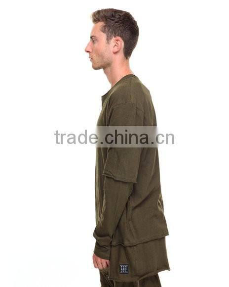 Pieced layered construction raw mens athleisure crew neck collar longline tees