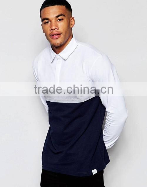 Color block long sleeve 100% cotton rugby polo shirt, men sports team wear custom