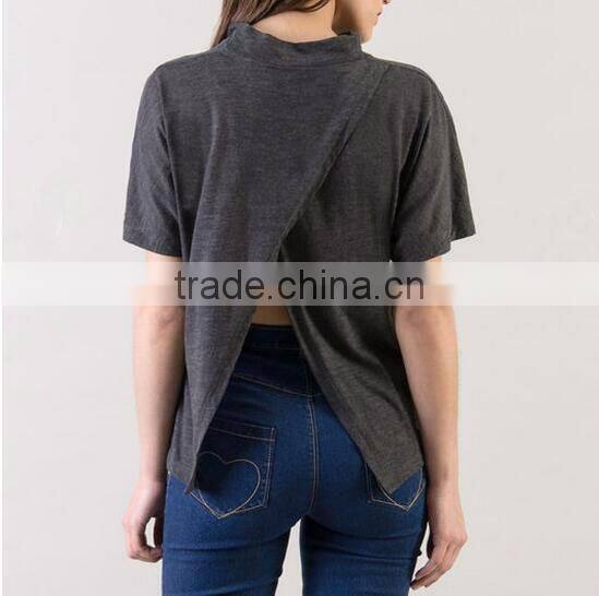 Wholesale women clothing custom high neck tshirt with slit at back