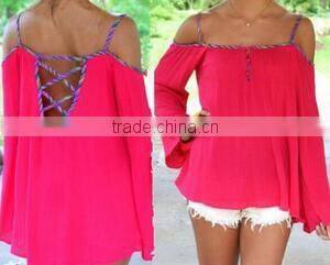 Gauze stiching Chiffon short sleeve blouse summer new design blouse