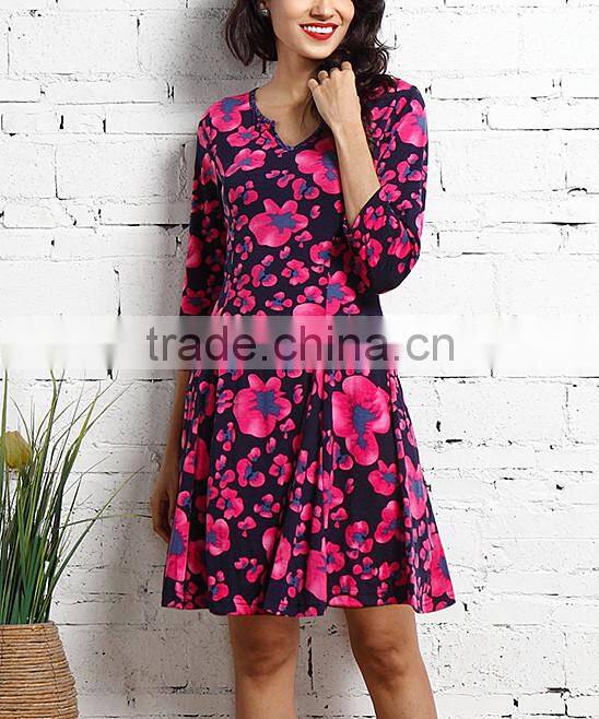 New Arrivals Women Dresses With Navy And Fuchsia Floral Notch Neck Dress Women Casual Dress Women Clothes GD90426-49