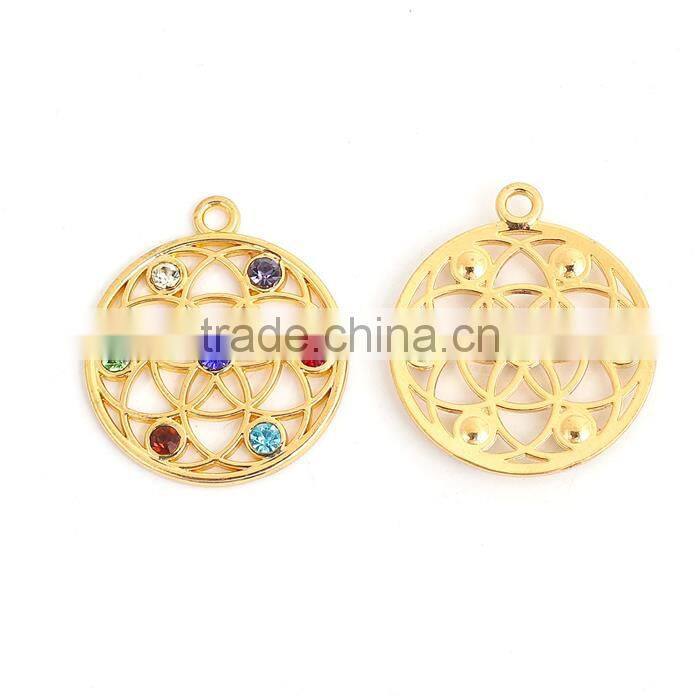 Zinc Based Alloy Yoga Healing Pendants Round Gold Plated Multicolor Rhinestone