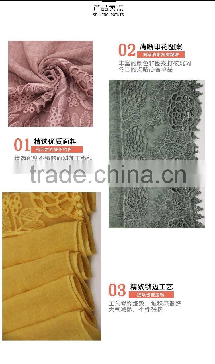 New fashion concise style plain dyed linon viscose thin flower lace trim ribbon hijab scarf