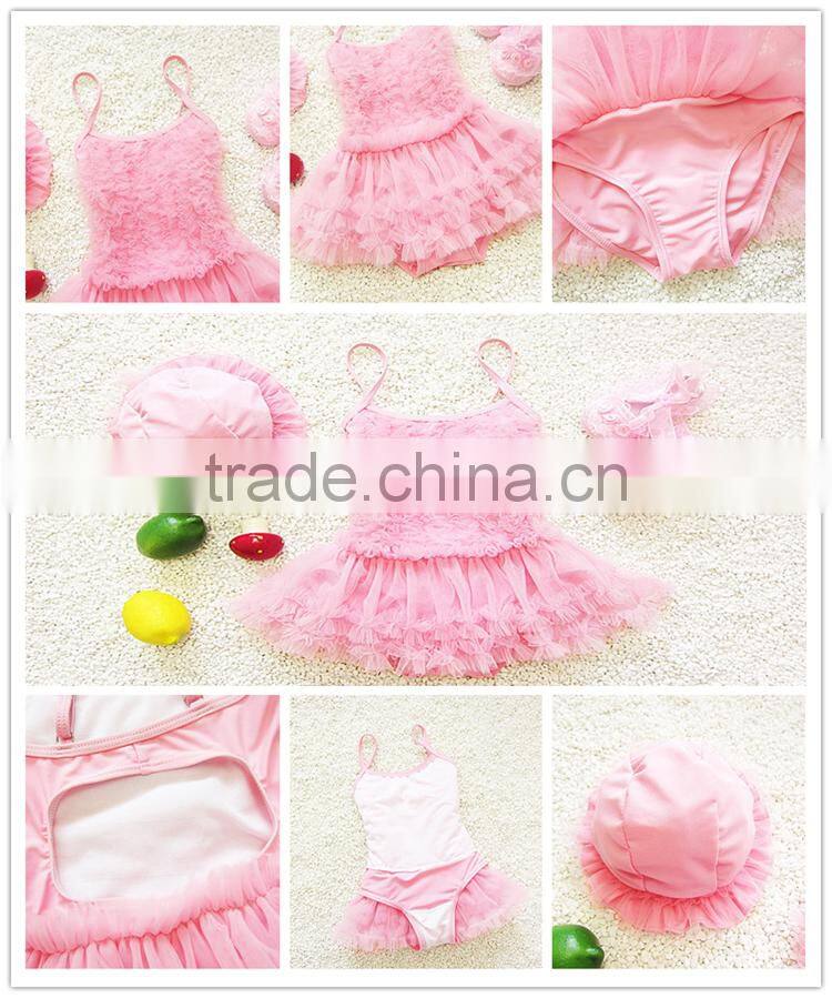 Wholesale Princess pink dress style swimsuit for children models