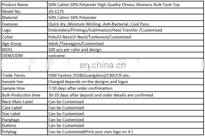 50% Cation 50% Polyester High Qualtiy Fitness Womens Bulk Tank Top