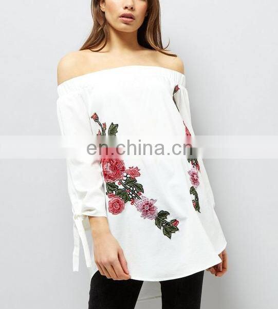 Ladies Floral Embroidered White Shoulderless Long Summer Tops (TP1761702)