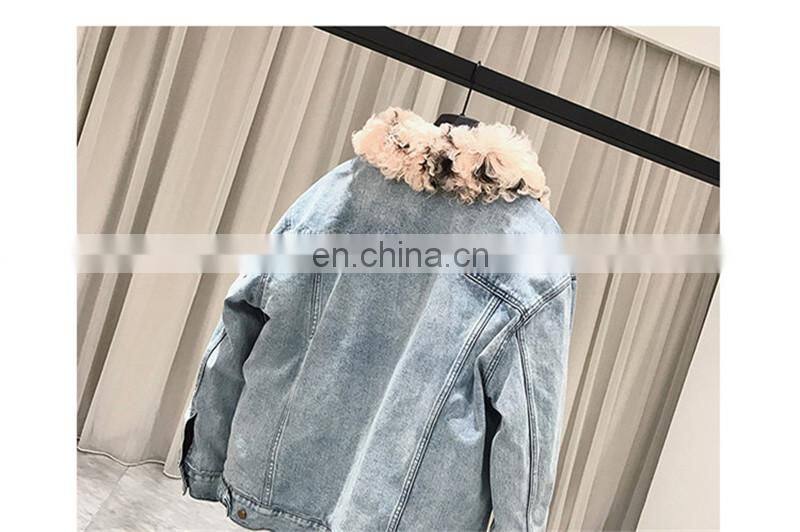 Fashion Wholesale Real Fur Lining Denim Jacket Women Lamb Fur Coat