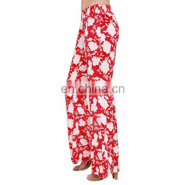 Spring Summer Design Coral Red Floral Print Lady Pants Relax Wide Leg Casual Pants For Women