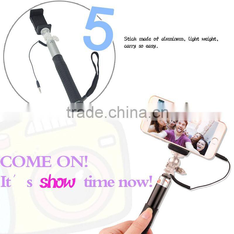 2016 innovative wired control selfie stick with colorful cable for smartphone