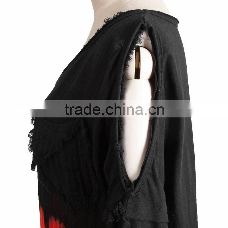PT-042 black and red color V-neck one shoulder high-low hemline T-shirt