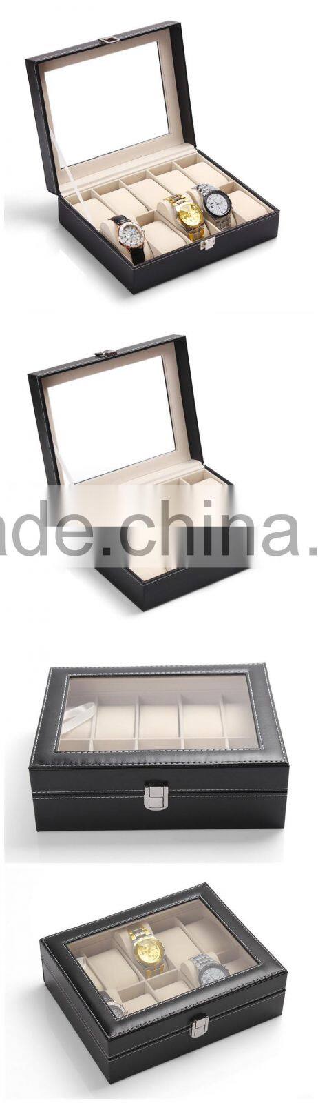 10 Slot Black Leather Plastic Box Wrist Watch Display Box
