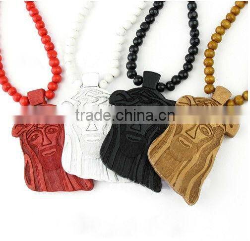Jesus face 30-34'' long assorted color wood necklace with engraved