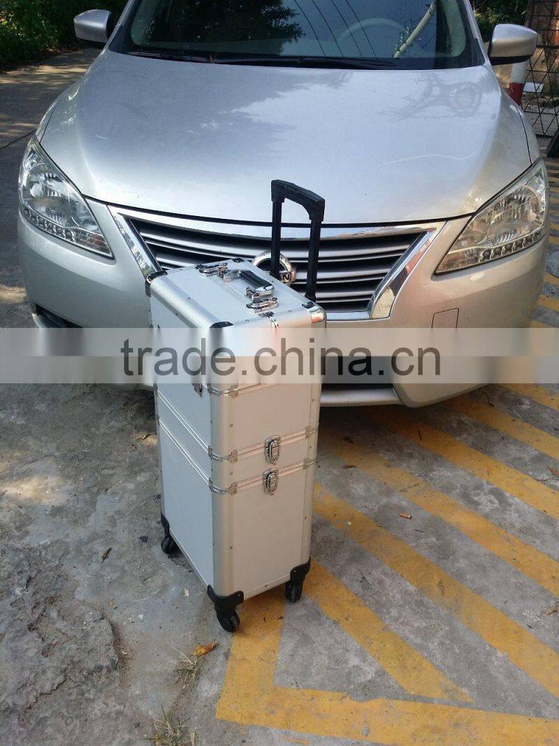 Professional aluminum trolley rooling make up beauty cosmetic case