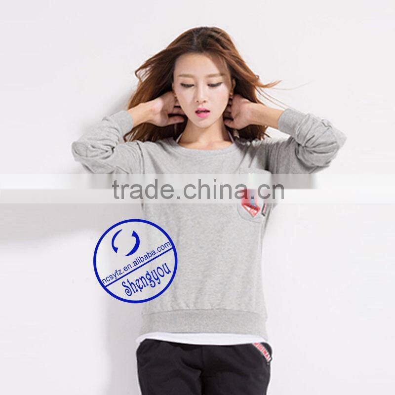 custom women's long sleeve crewneck sweatshirts with chest pocket