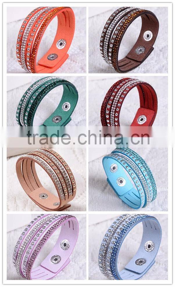 2016 Wrap Leather Bracelet With Shining Diamond And Rivet