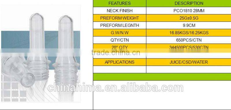 Transperant pco 1810 28mm 25g pet preform for mineral water bottle/csd/juice
