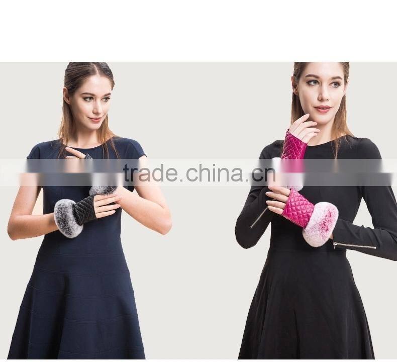 Fingerless Gloves Sheepskin gloves mittens With Rex Rabbit Fur Trim For Winter Lady