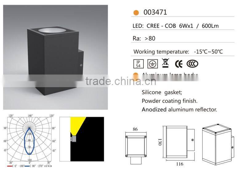 W-003471 1*6W COB LED IP54 aluminum outdoor modern wall mounted light,up down wall lamps