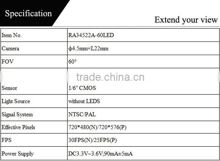 D4.5mm*L22mm 3cm-6cm focusing length mini camera module with 6 pcs white leds