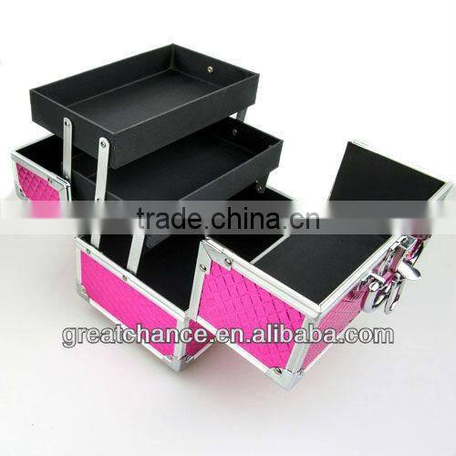 METALLIC PINK FAUX LEATHER ALUMINIUM MAKE UP COSMETIC VANITY CASE BEAUTY BOX