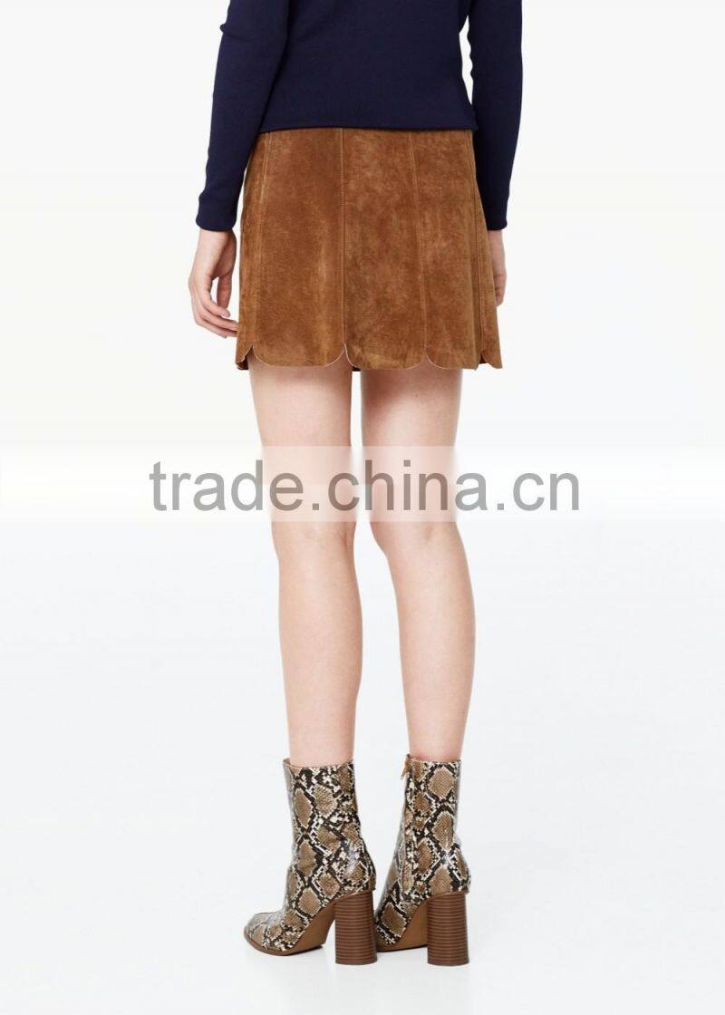 2016 Latest design Autumn Suede leather skirts, petal shape Hem Girls Sexy Mini skirt