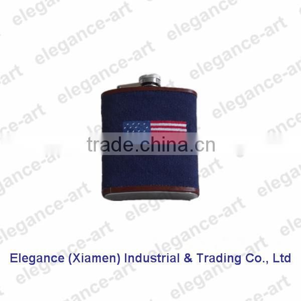 American Flag Needlepoint Hip Flasks with Genuine Cowhide Leather in Navy