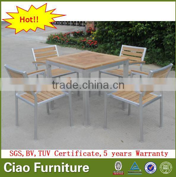 Polished aluminum garden furniture teak wood table and chair