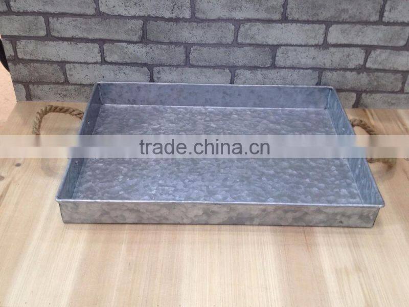 Essential Home Aged Galvanized Metal Serving Tray with Rope Handle