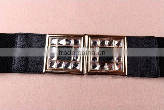 Wholesale rhinestone paved square pattern alloy buckle sex women lady wide PU waist belt