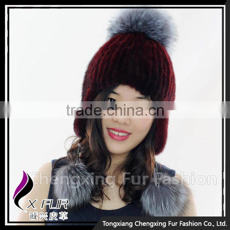 CX-C-42C Lovely Women Genuine Mink Fur Winter Hat Silver Fox Fur Ball