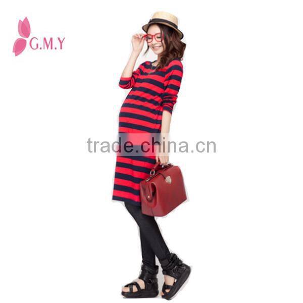 Red and black striped knitted maternity dresses, long sleeve cotton T-shirt dress for pregnant