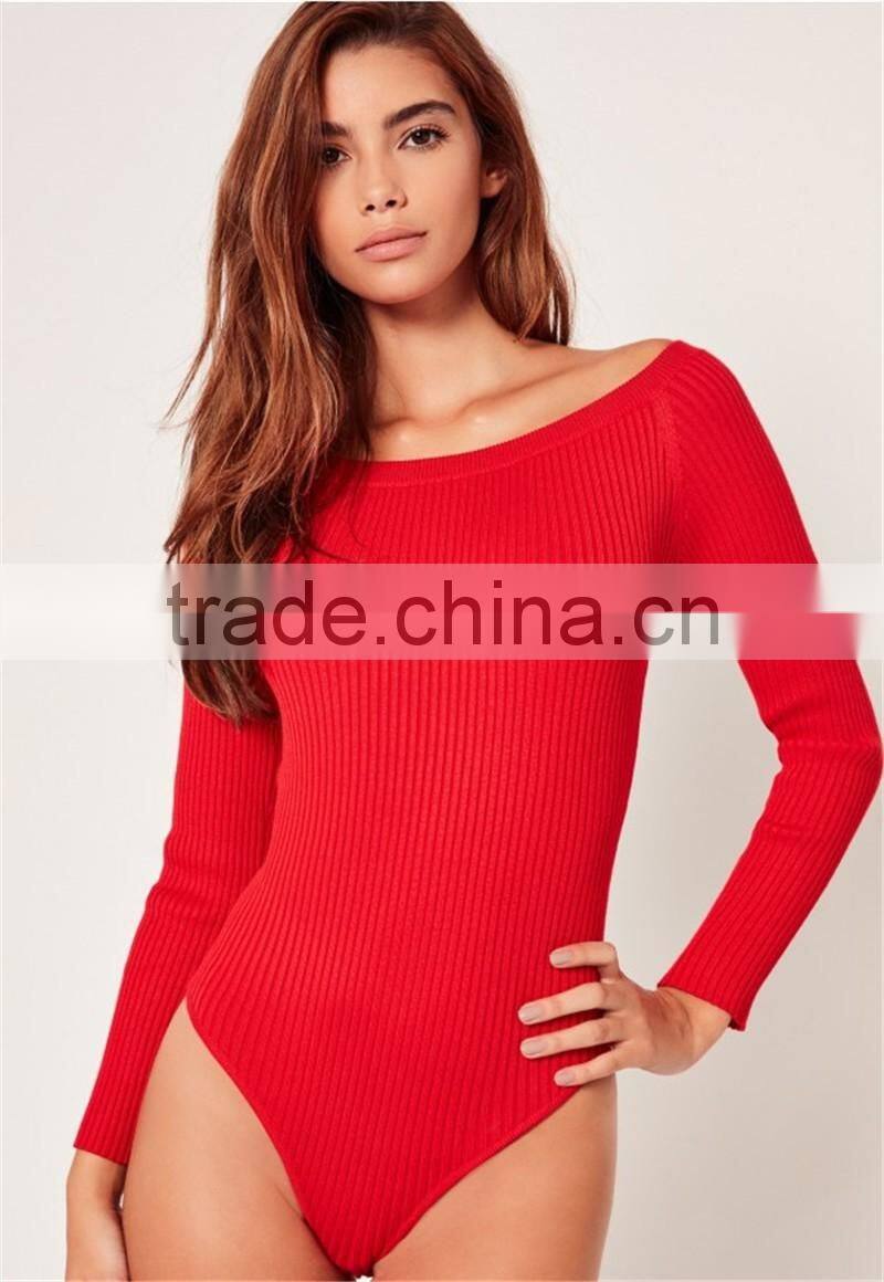 MGOO High Quality Long Sleeves Bardot Bodysuits Slash Neck Cold Shoulder Tops Women Tops Rib