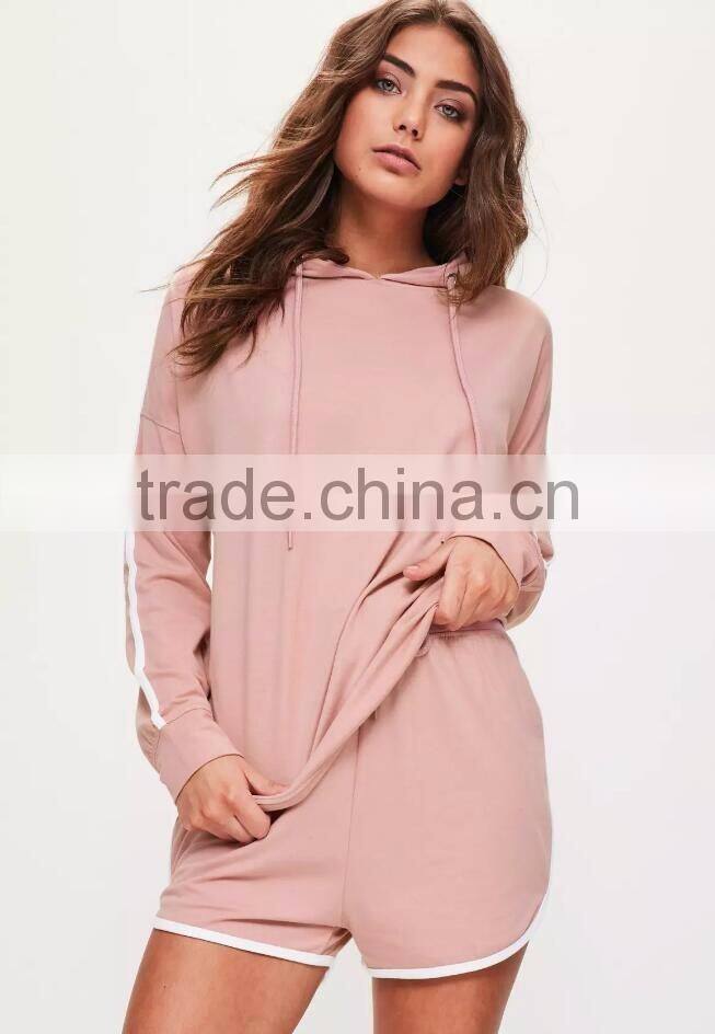 Hot Sale Pink Stripe Hoodies Drop Shoulder Custom Color 100% Cotton And Piping Running Short Pyjamas Set
