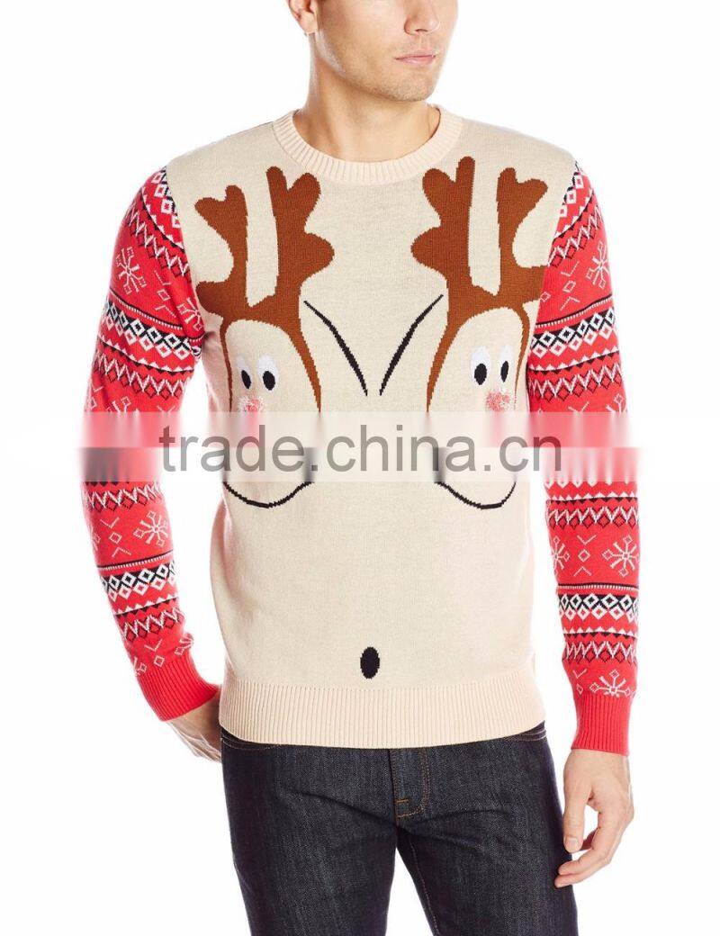 Men Light Kahki Sweater Double Reindeer Pattern Christmas Jumper Knitting Pattern s For Adults