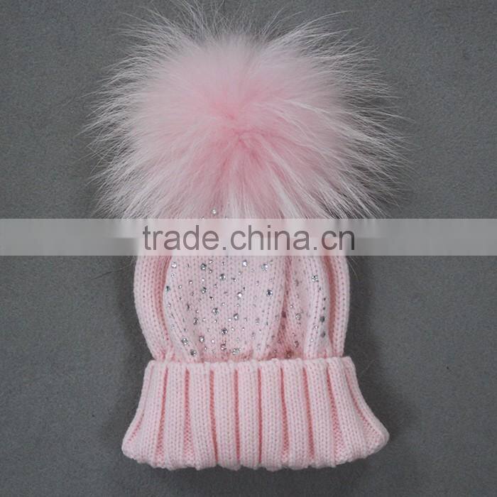 Myfur Pink Winter Knit Hat with Real Fluffy Raccoon Fur Bobble Top