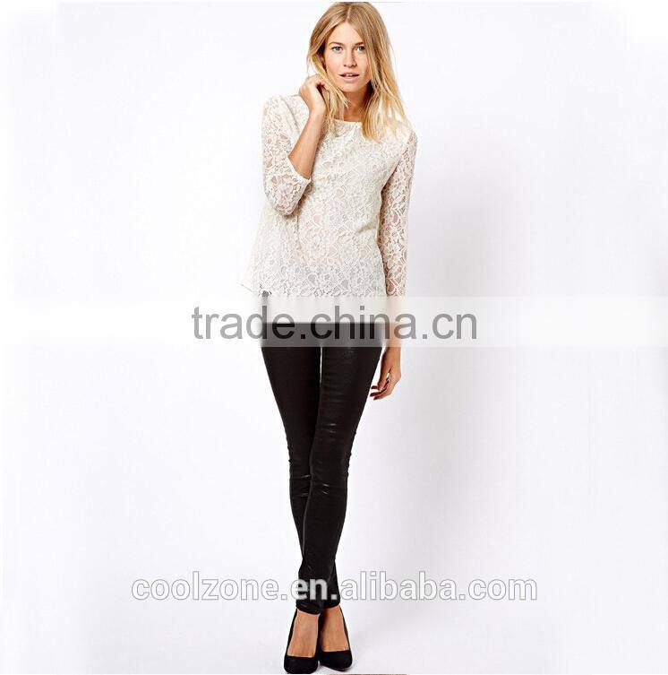 Elegant white basic woman blouse fashion sheer crochet lace blouse 2015