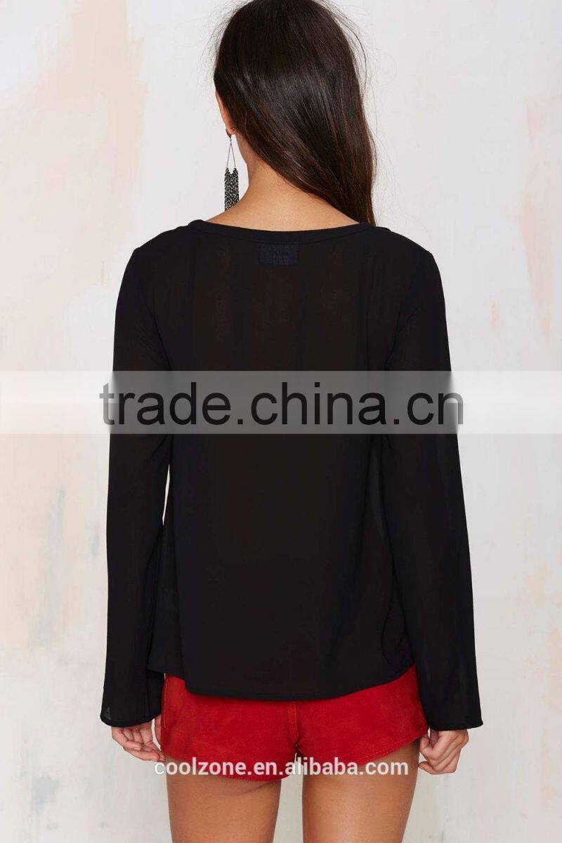 Latest chiffon blouse ruffled lady blouse wholesale lace up blouses 2015