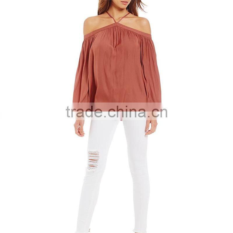 2017 summer new look pullover construction sleeve opening cold shoulder blouse
