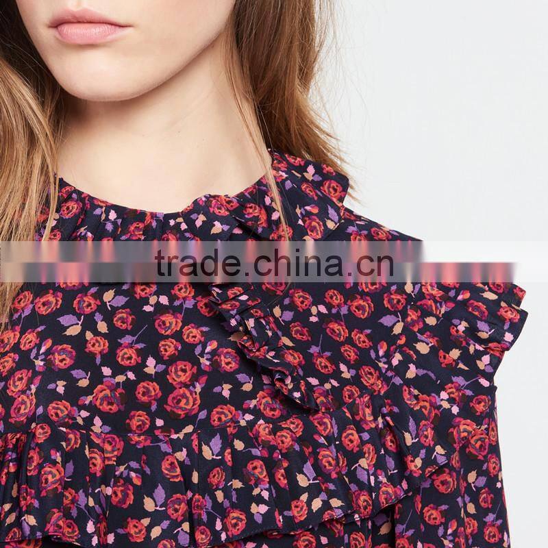 Ruffled at neck and cuff, ladies round neck and long sleeve dress