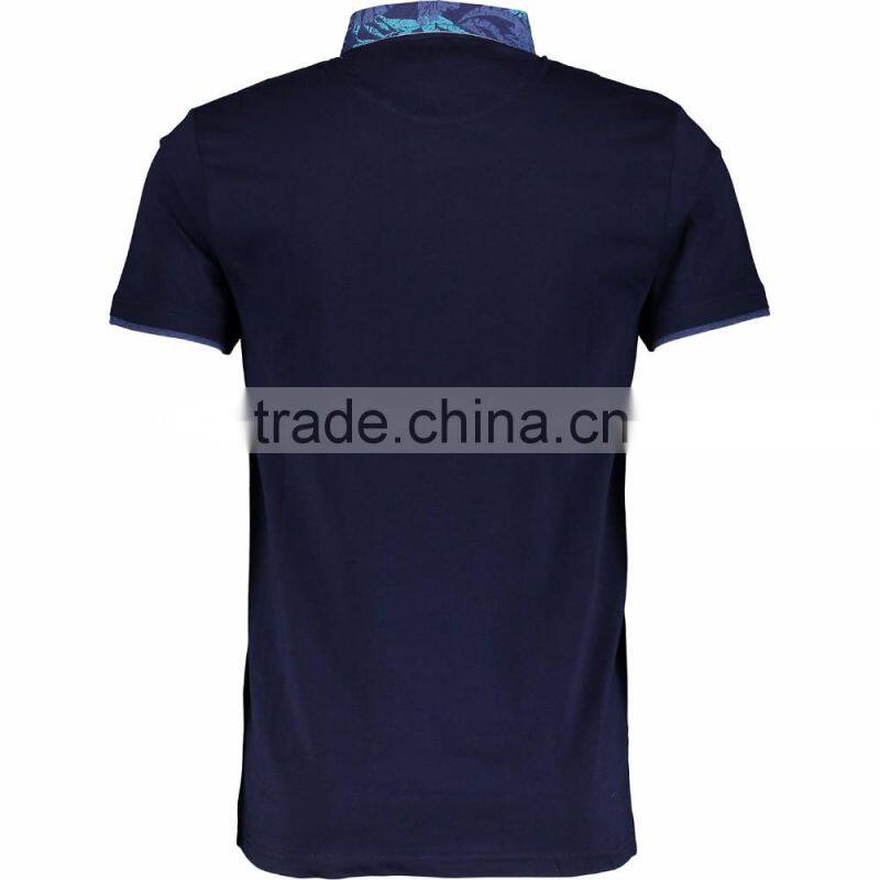 Male's Navy Pure Cotton Slim Fitted Polo Shirt with Patterned Collar