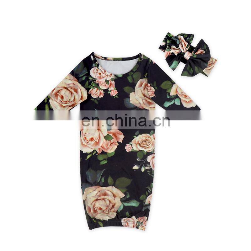 Cute floral print infant baby sleeping bag long sleeve children clothing and headband 2pcs sleeping bag baby gown set