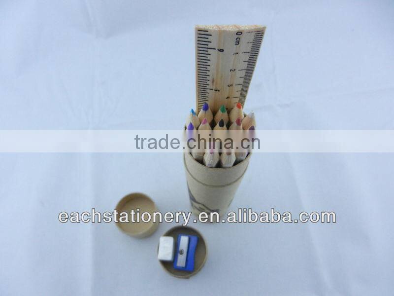 7''wooden color pencil set with ruler eraser and shapener in paper tube