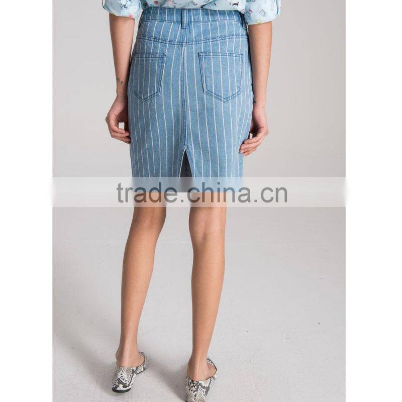 Fashion classic stretch elegant blue vertical stripes midi denim pencil skirt for lady