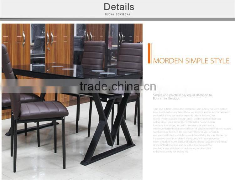 Foshan modern metal base 9mm thick rectangle black lacquer tempered glass dining table for 4 person