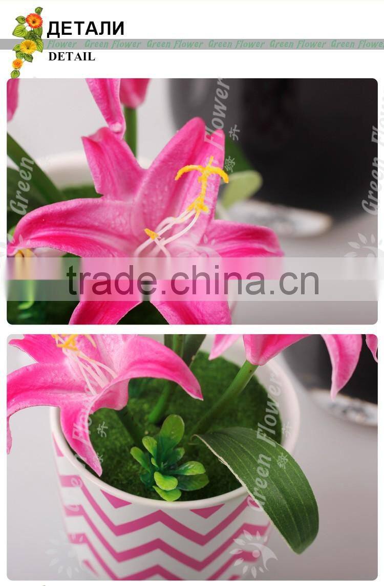 2016 Wholesale Multicolor Latex Artificial PU Flowers Three lilies bonsai Real Touch Bouquet Wedding Bridal Decor Display Flower