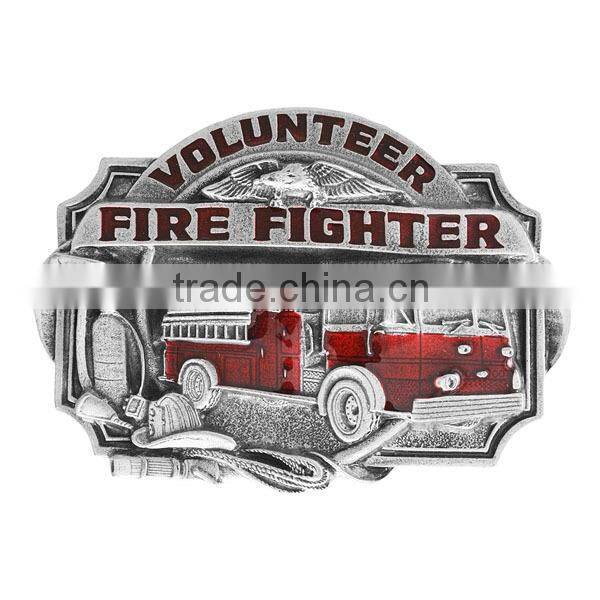 Lead & Nickel Free "Volunteer Firefighter" And Displays A Red Enamel-Filled Firetruck Belt Buckle