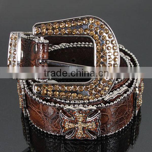 Wholesale Women's One Line Rhinestone Green Leather Stud Accent Belt