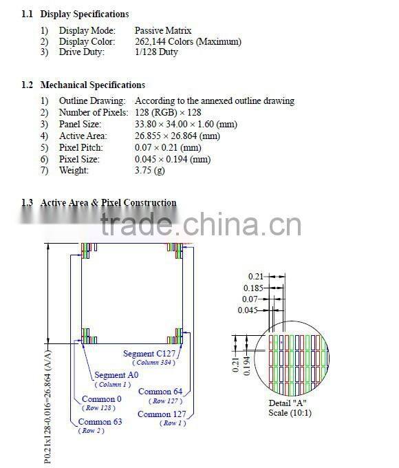 1.5 inch Oled 20 128 * 128 monochrome module pin factory supply quantity discount